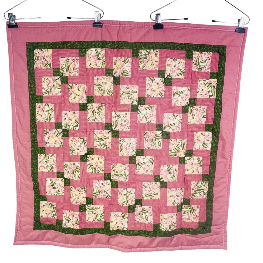 Vtg Handmade Wall Hanging Lap Blanket 37x37 Pink Floral Patchwork Quilt